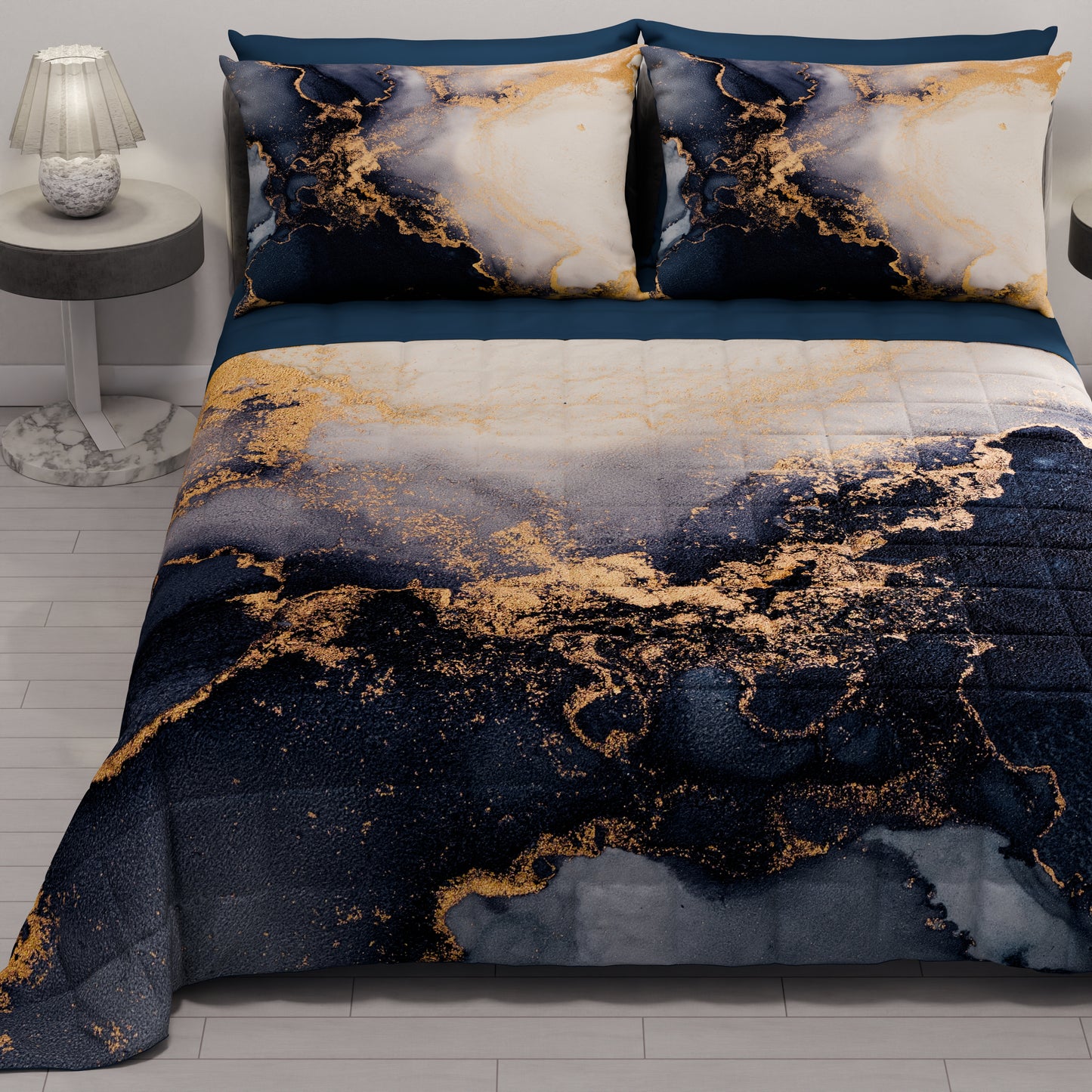 Trapuntino Copriletto Primaverile Autunnale in Stampa Digitale Marble 08 Blu