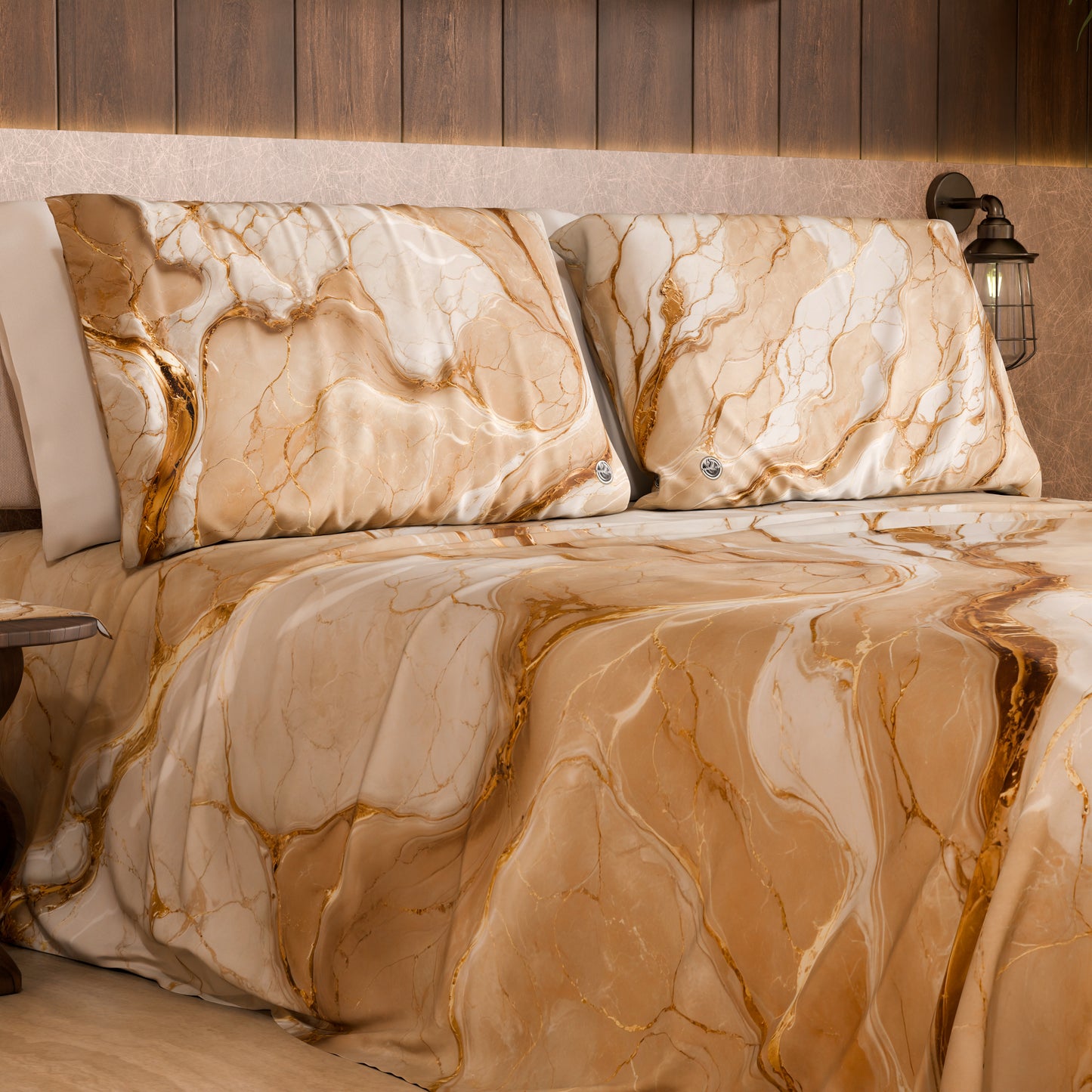 Drap housse, dessus de lit et taies d'oreiller élégants effet marbre beige - DORACREAM