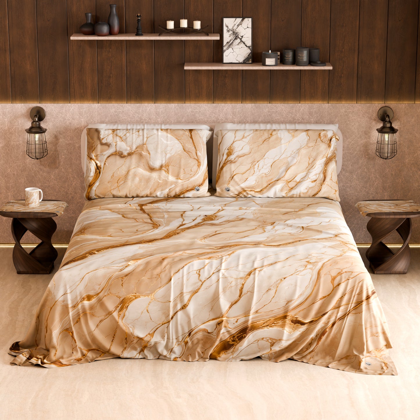 Drap housse, dessus de lit et taies d'oreiller élégants effet marbre beige - DORACREAM