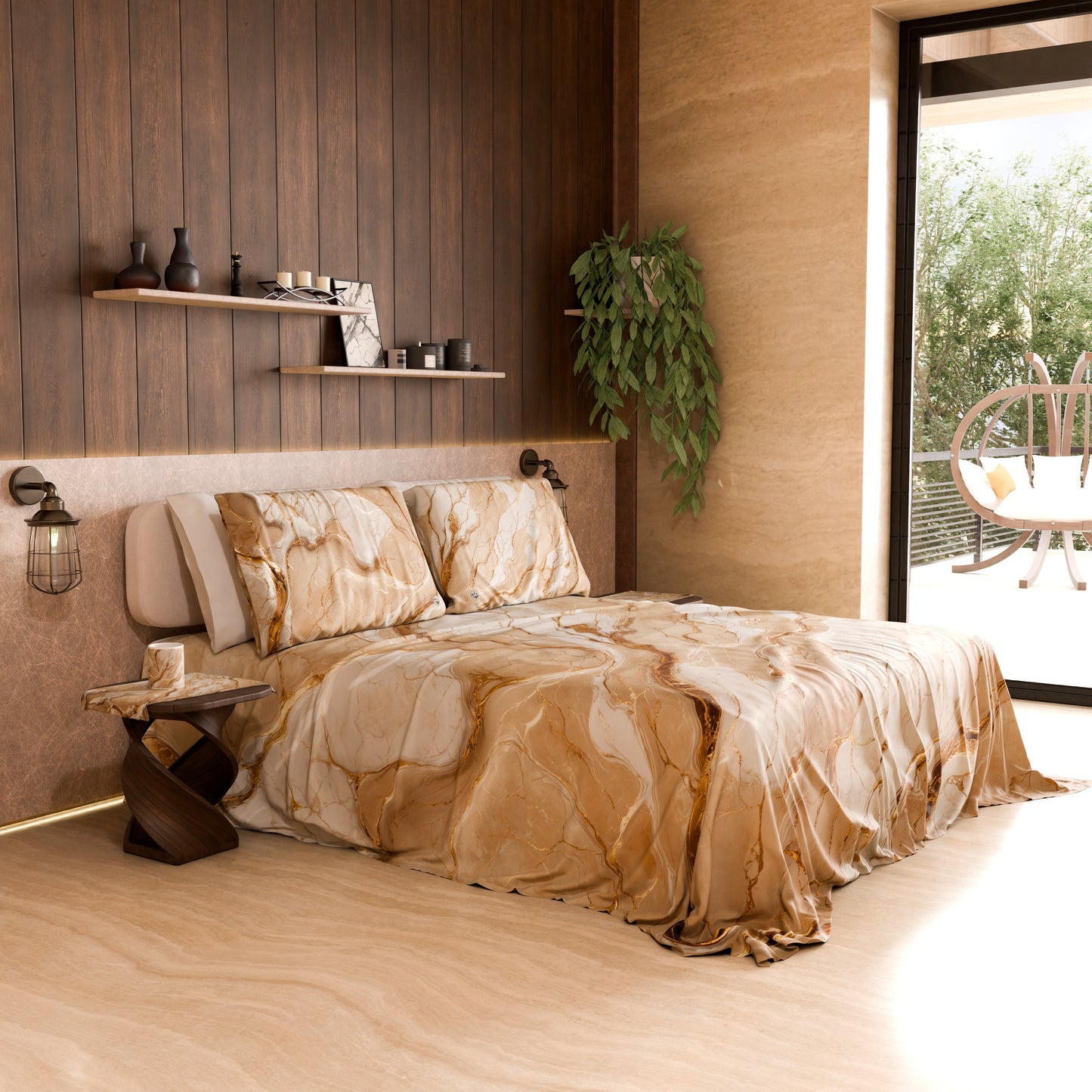 Drap housse, dessus de lit et taies d'oreiller élégants effet marbre beige - DORACREAM