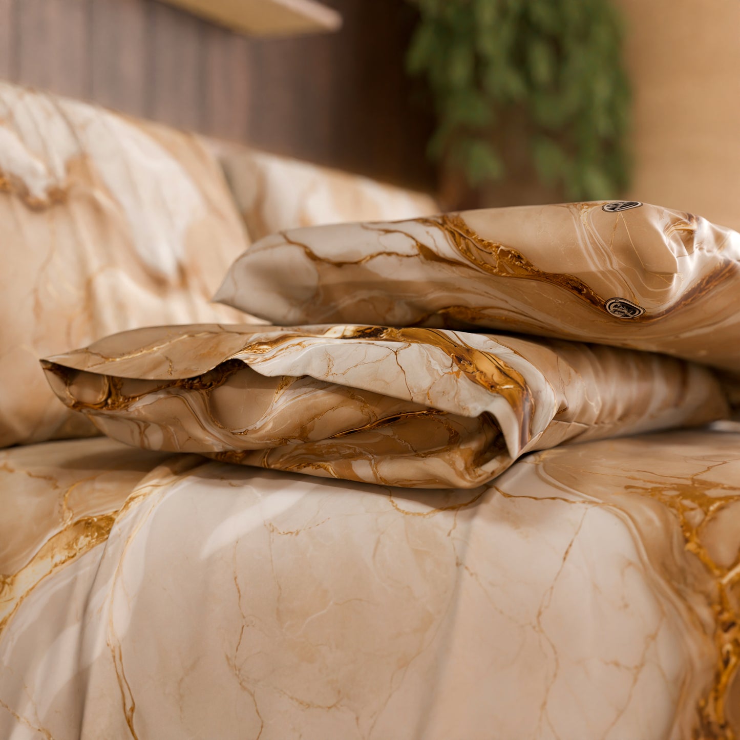 Drap housse, dessus de lit et taies d'oreiller élégants effet marbre beige - DORACREAM
