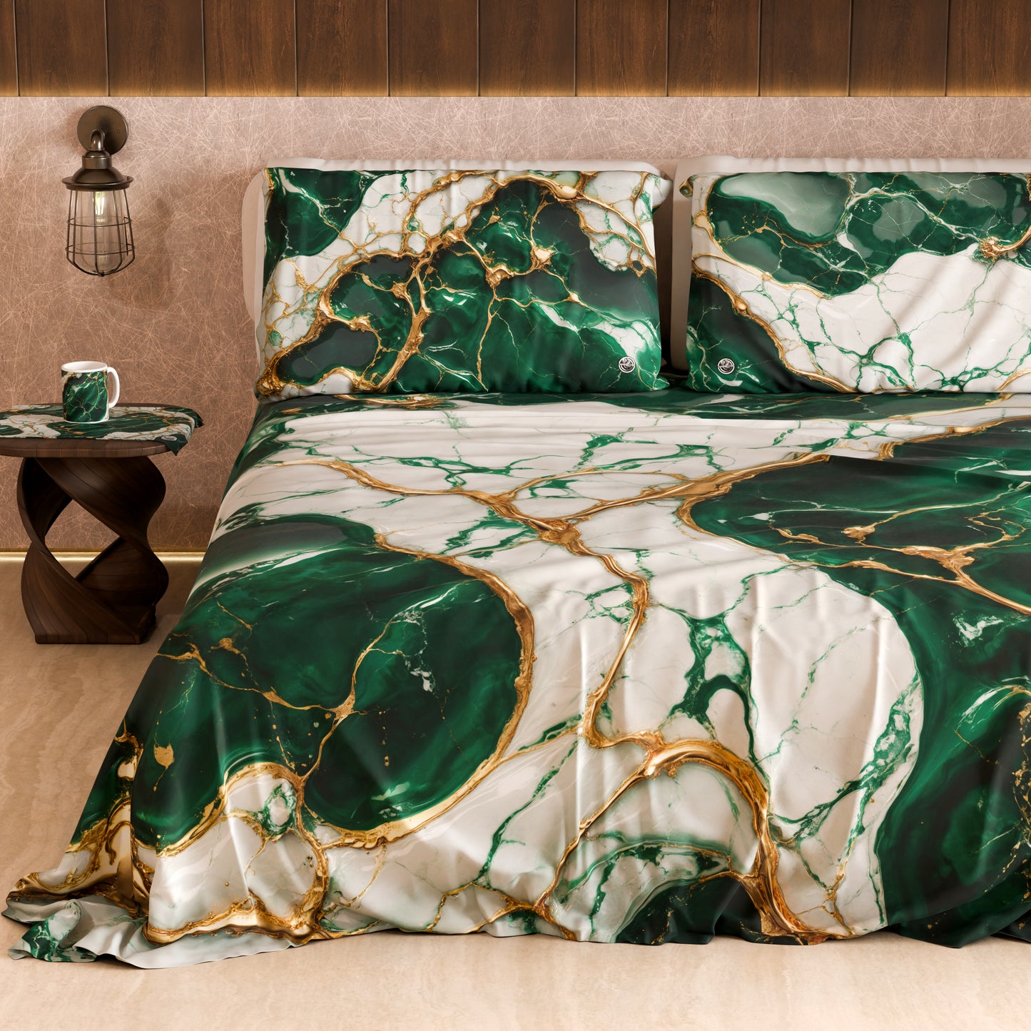 Drap housse, dessus de lit et taies d'oreiller élégants effet marbre émeraude - ESMERAUR