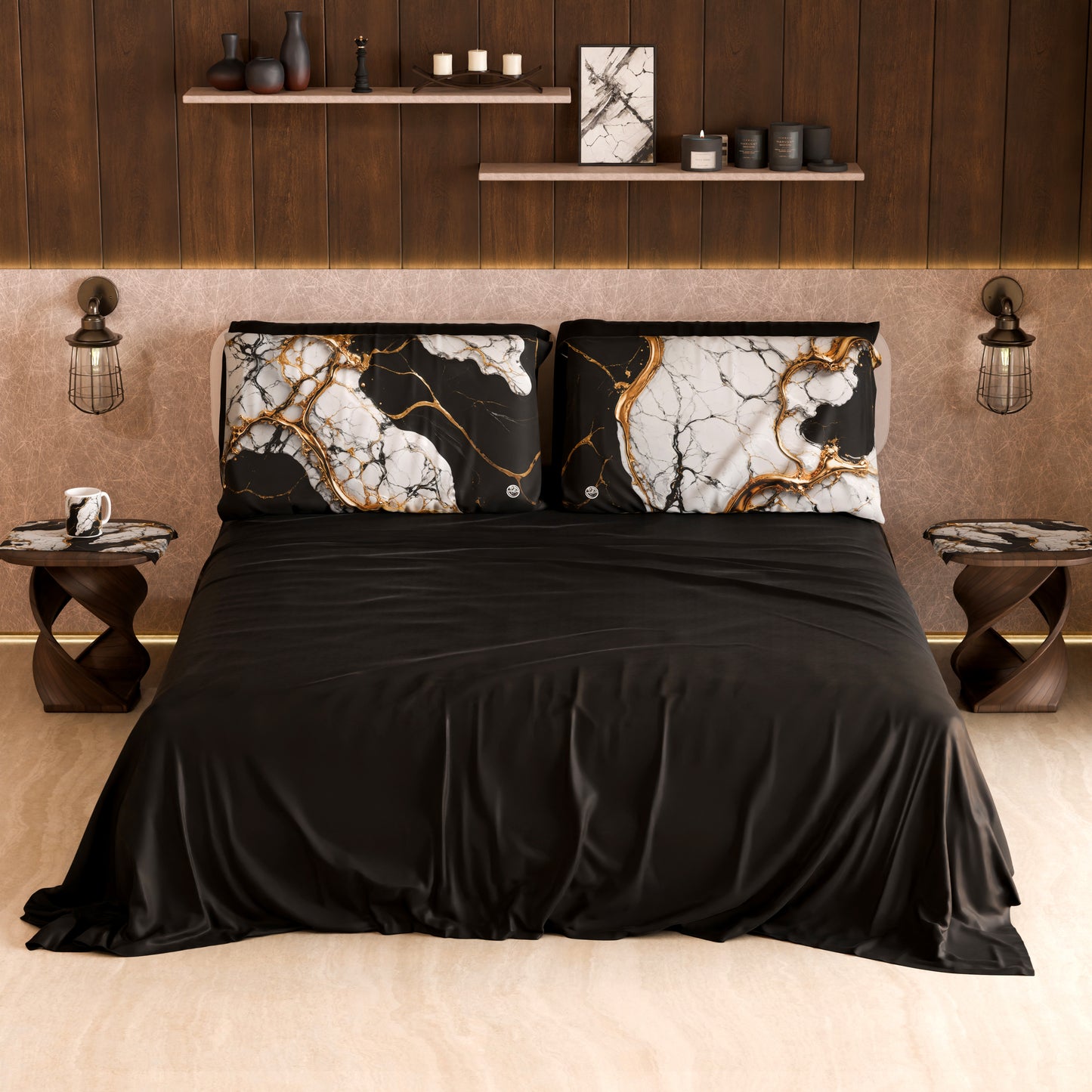 Drap housse, dessus de lit et taies d'oreiller élégants effet marbre noir blanc - GILDENITE