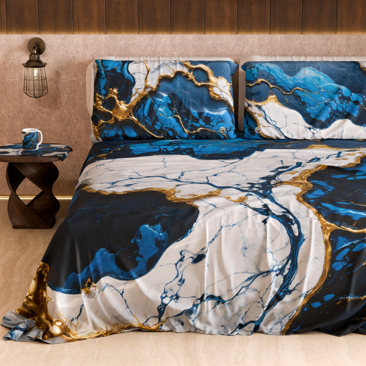 Set lenzuolo copriletto e federe effetto marmo Blu Notte Navyglo PETTI, vista frontale