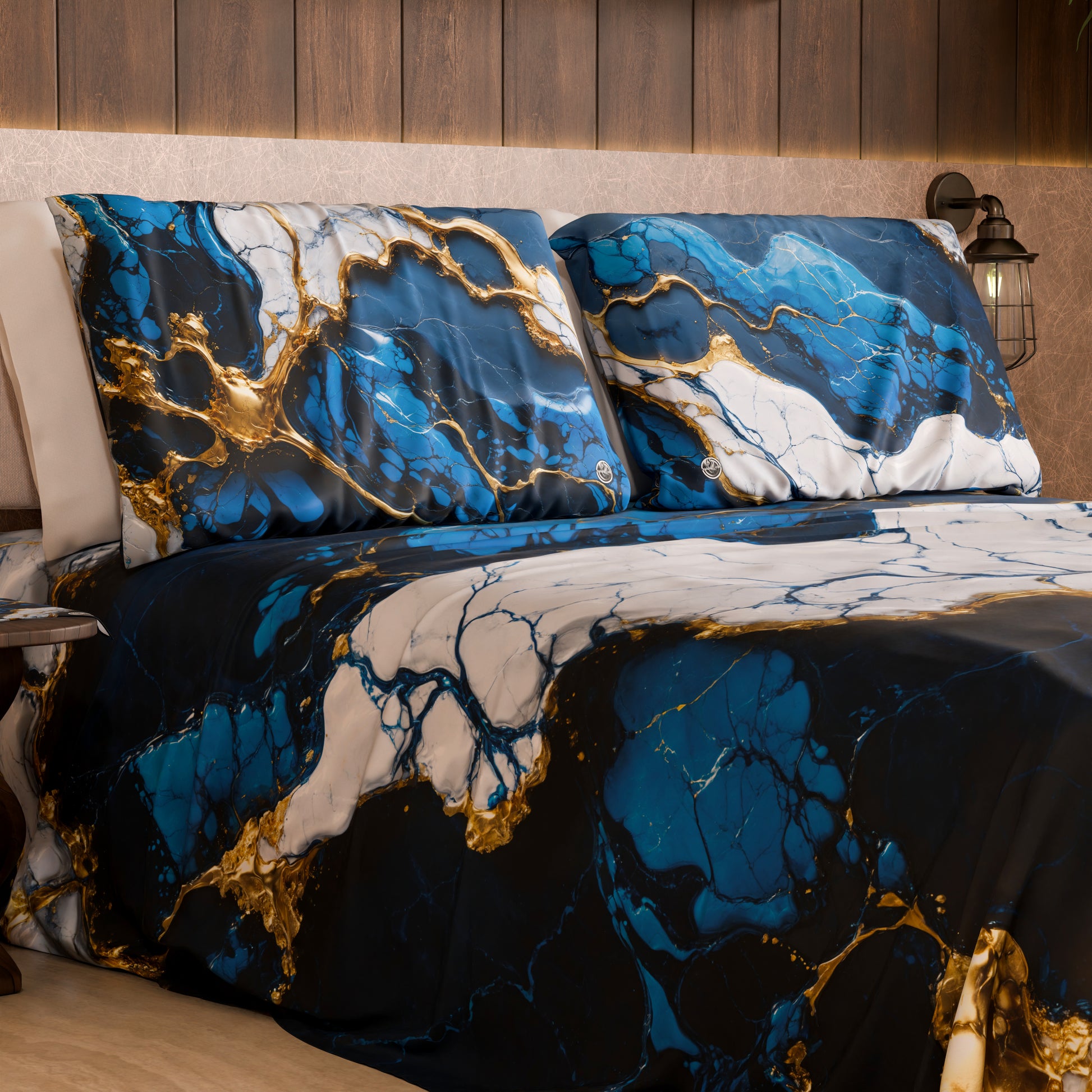 Copriletto effetto marmo Navyglo blu notte sul letto matrimoniale