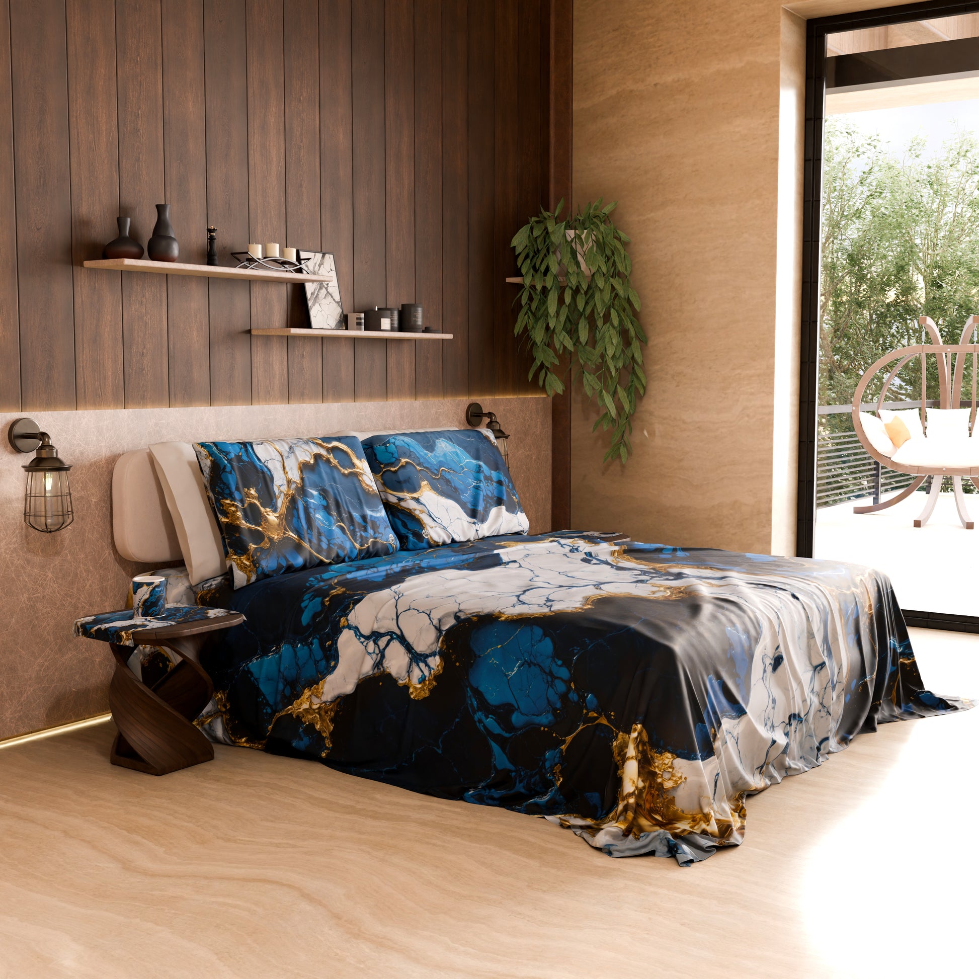 Lenzuolo copriletto effetto marmo Navyglo in ambiente camera da letto