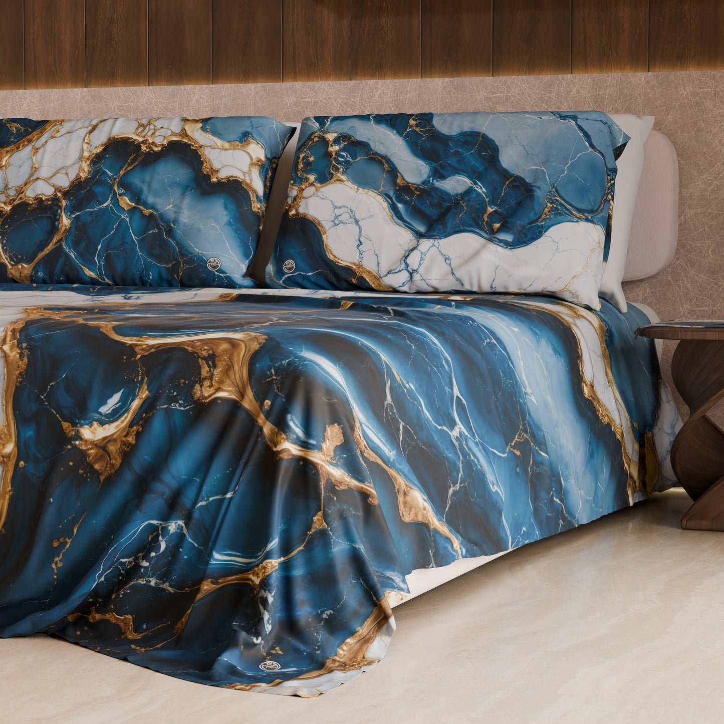 Drap housse, dessus de lit et taies d'oreiller élégants effet marbre bleu océan - OCEAGLINT