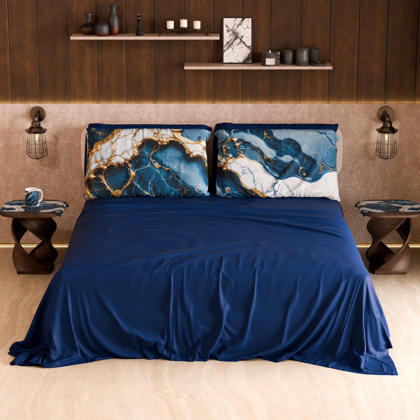 Drap housse, dessus de lit et taies d'oreiller élégants effet marbre bleu océan - OCEAGLINT