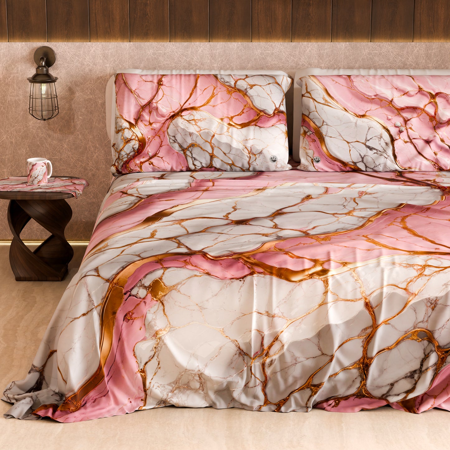 Drap housse, dessus de lit et taies d'oreiller élégants effet marbre rose - PINKERELLE
