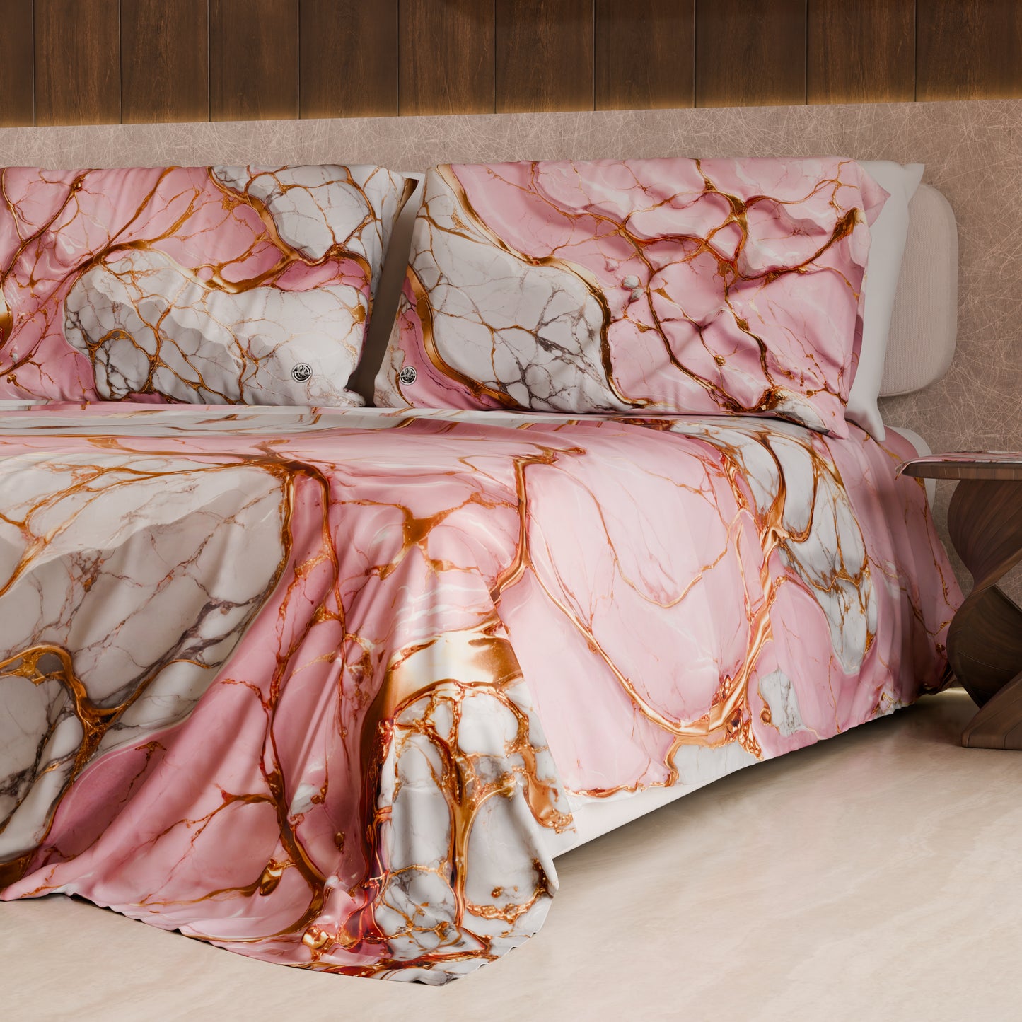 Drap housse, dessus de lit et taies d'oreiller élégants effet marbre rose - PINKERELLE