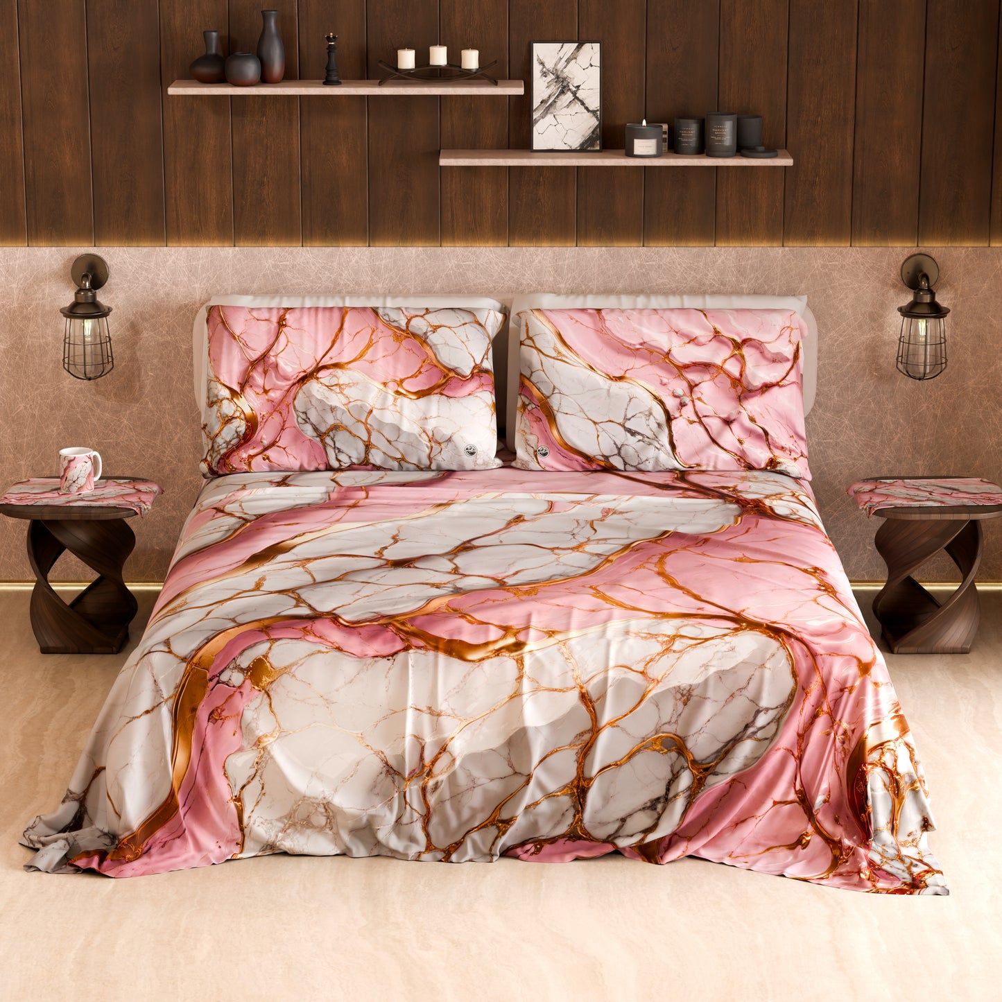 Drap housse, dessus de lit et taies d'oreiller élégants effet marbre rose - PINKERELLE