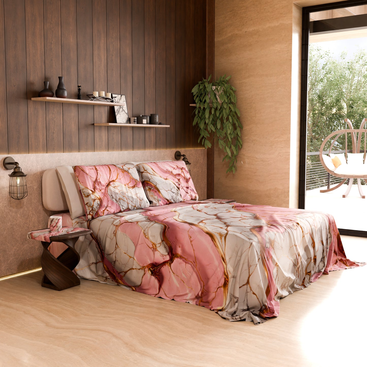 Drap housse, dessus de lit et taies d'oreiller élégants effet marbre rose - PINKERELLE