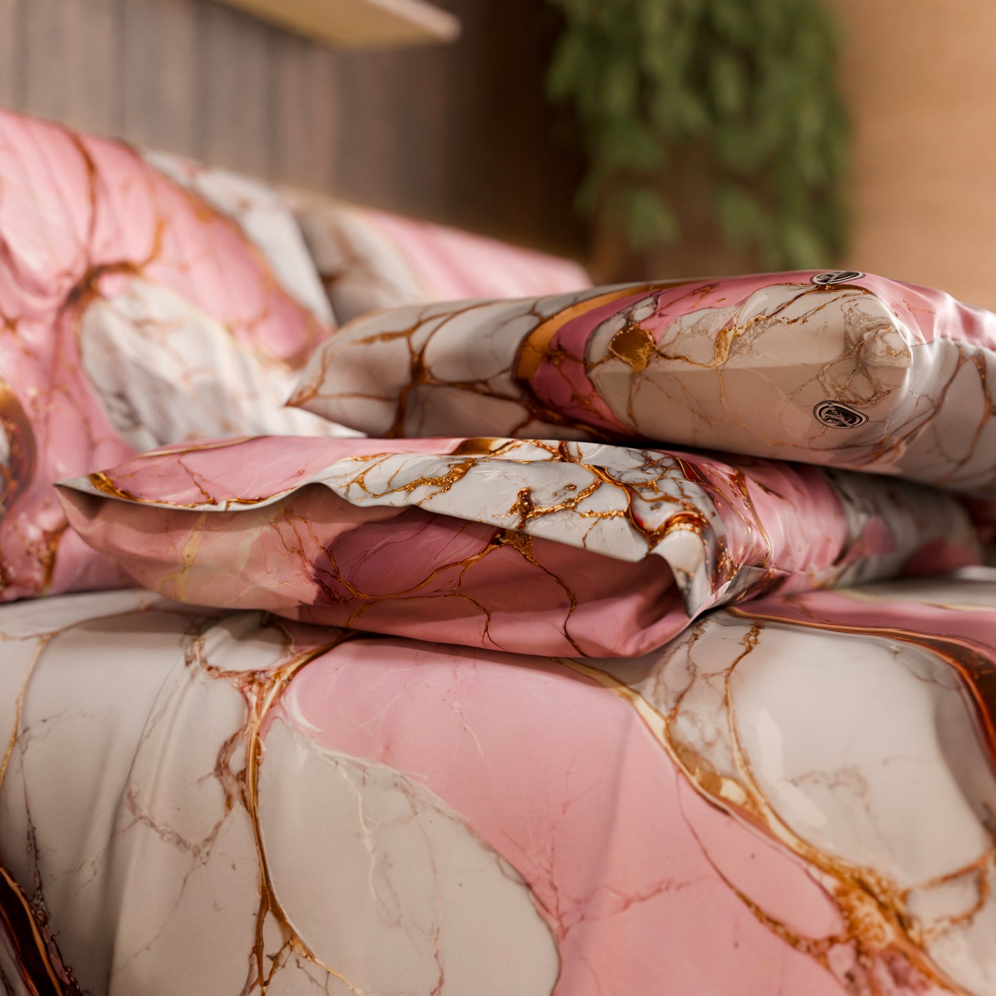 Drap housse, dessus de lit et taies d'oreiller élégants effet marbre rose - PINKERELLE