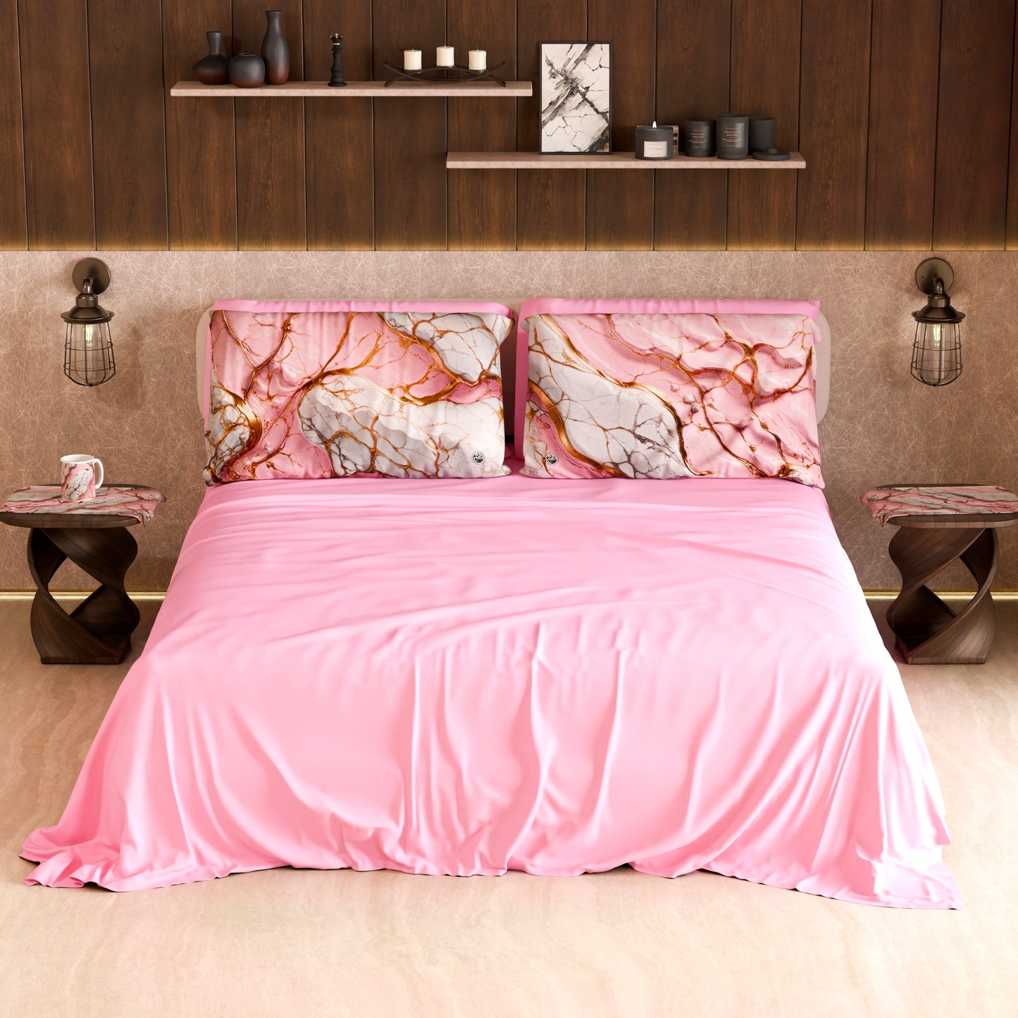 Drap housse, dessus de lit et taies d'oreiller élégants effet marbre rose - PINKERELLE