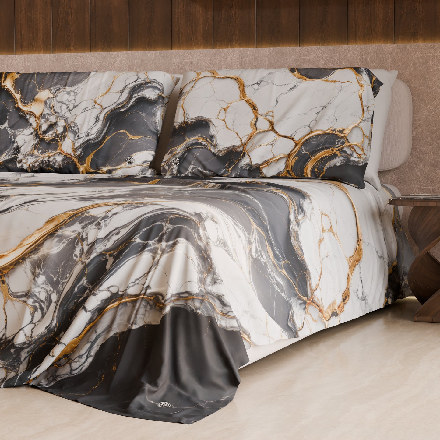 Drap housse, dessus de lit et taies d'oreiller élégants effet marbre gris foncé - SMOKITE