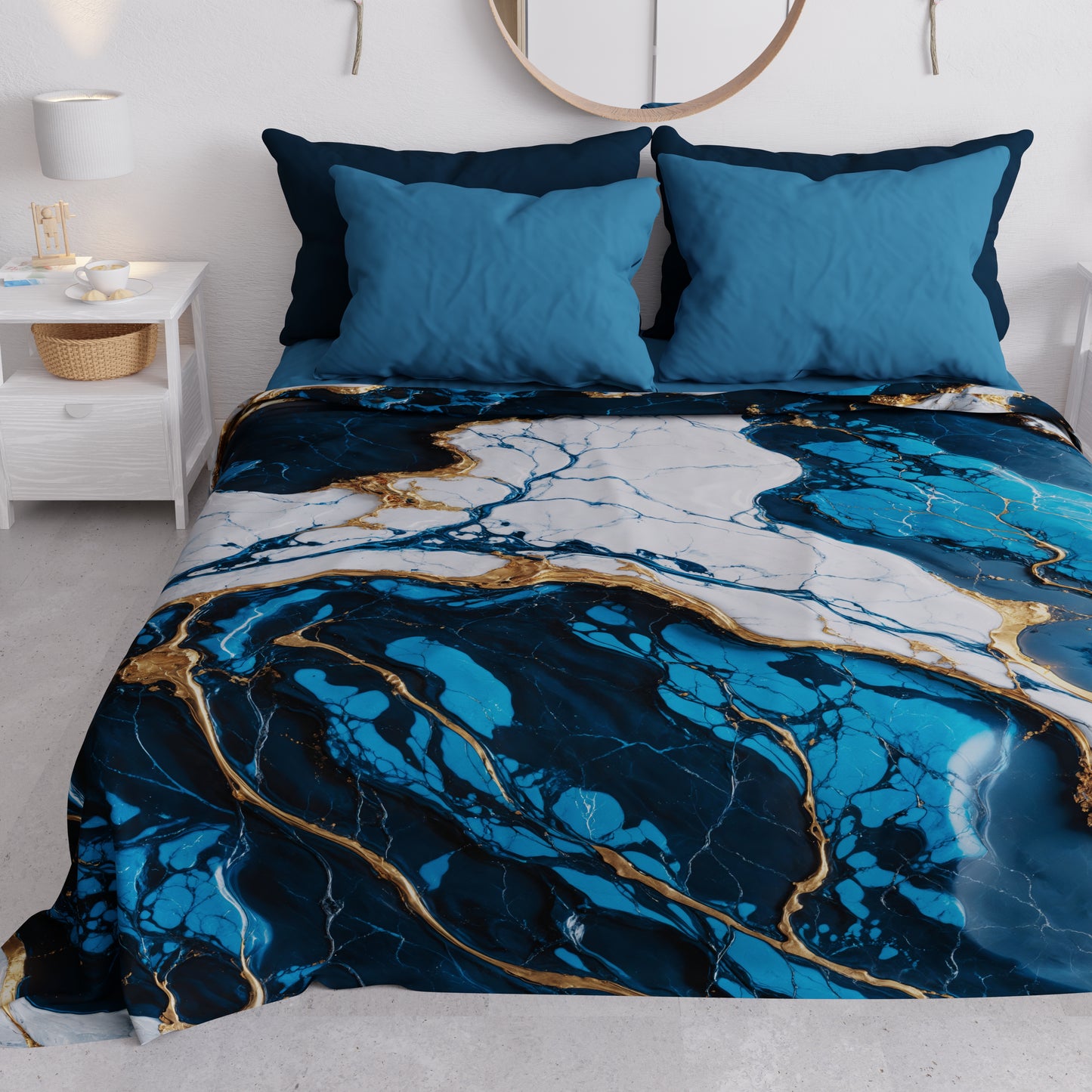 Couvre-lit d'été, Couverture légère, Draps de couvre-lit effet marbre bleu nuit - NAVYGLO