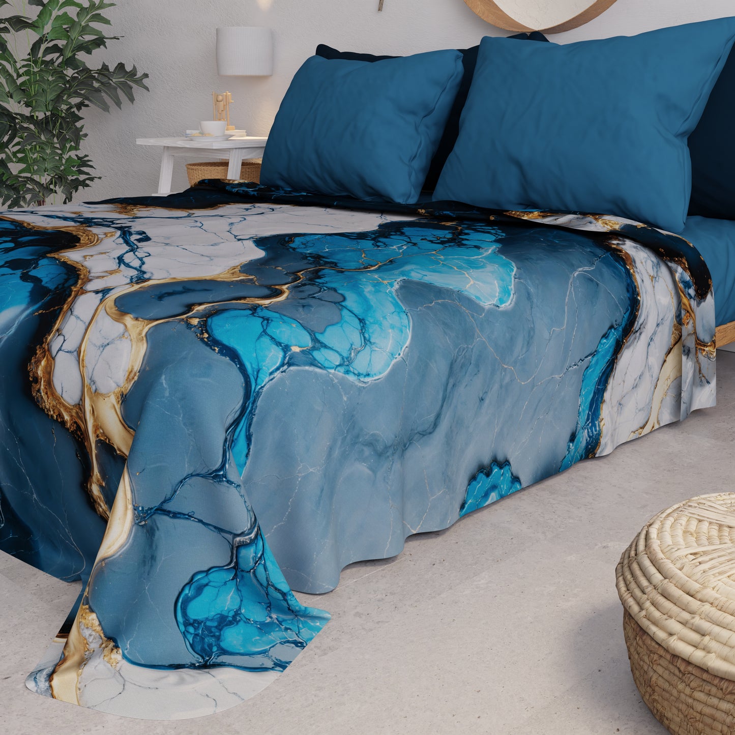 Couvre-lit d'été, Couverture légère, Draps de couvre-lit effet marbre bleu nuit - NAVYGLO