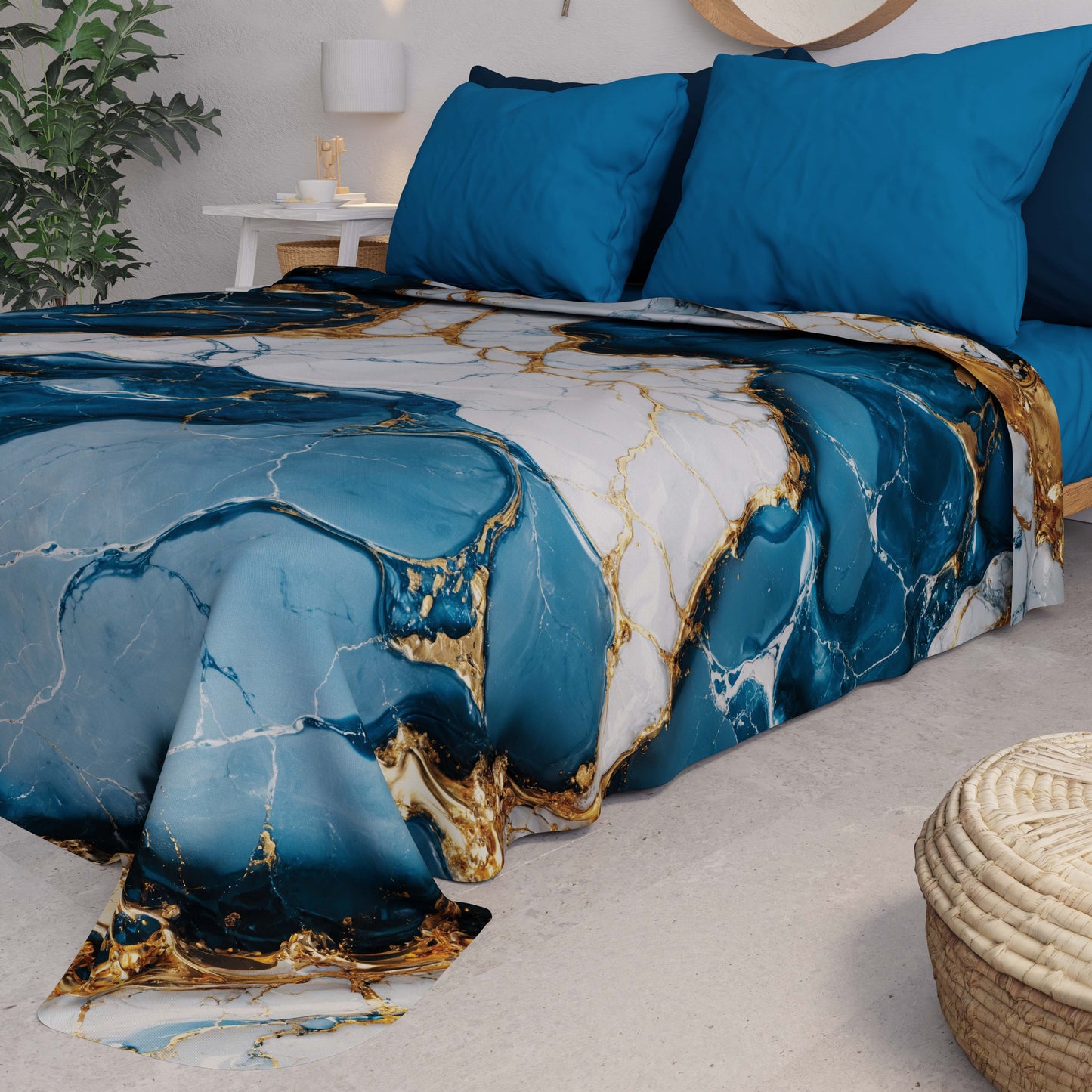 Couvre-lit d'été, Couverture légère, Draps de couvre-lit effet marbre bleu océan - OCEAGLINT