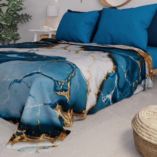 Copriletto Estivo, Coperta Leggera, Lenzuola Copriletto Effetto Marmo Blu Oceano - OCEAGLINT