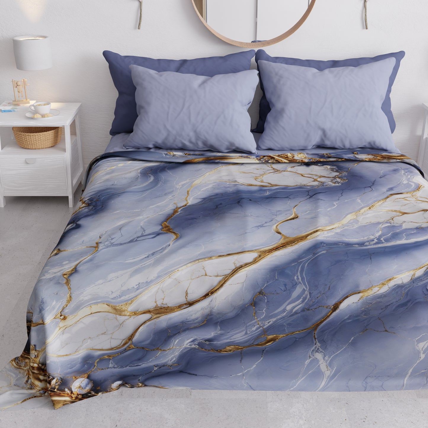 Couvre-lit d'été, Couverture légère, Draps de couvre-lit effet marbre indigo - PERIWINKY