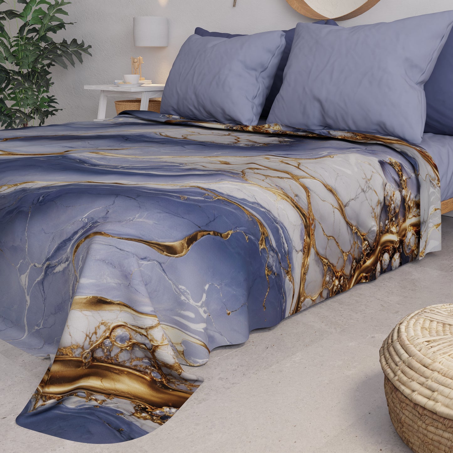 Couvre-lit d'été, Couverture légère, Draps de couvre-lit effet marbre indigo - PERIWINKY