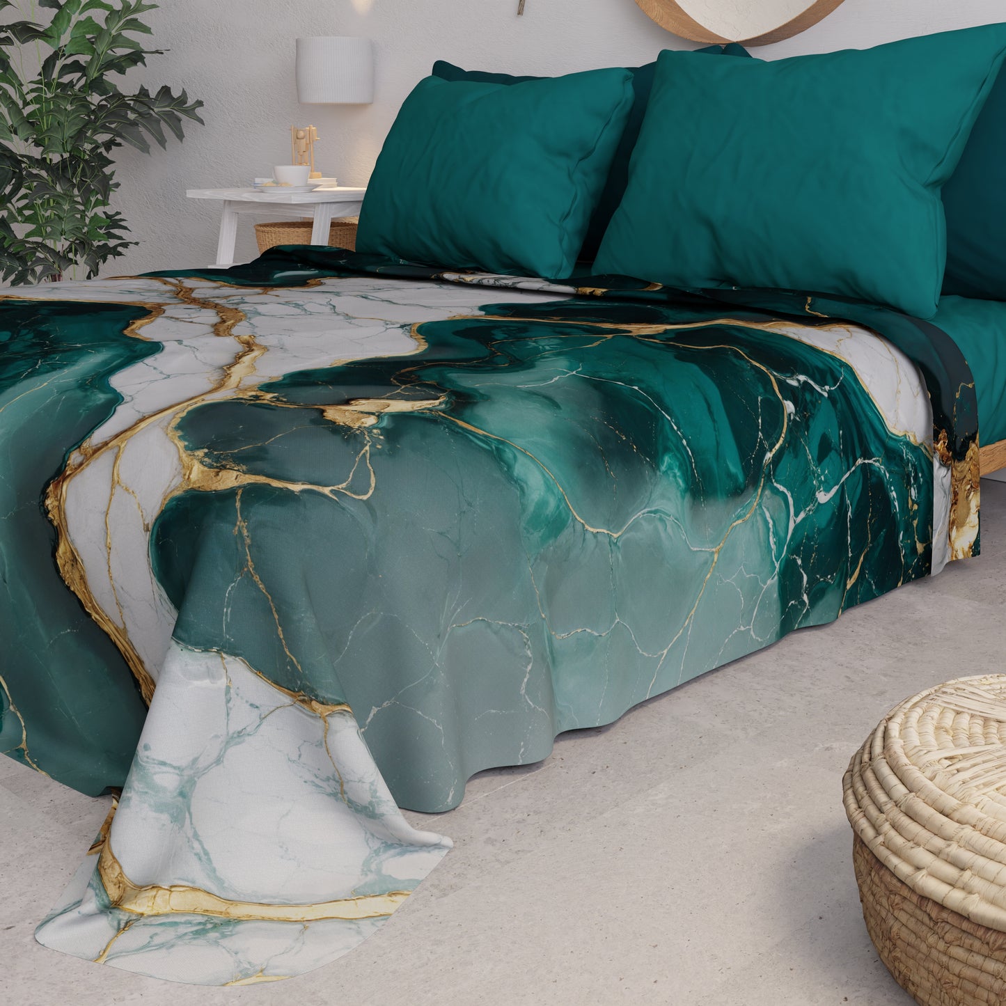 Couvre-lit d'été, Couverture légère, Draps de couvre-lit effet marbre bleu canard - TEALGEM