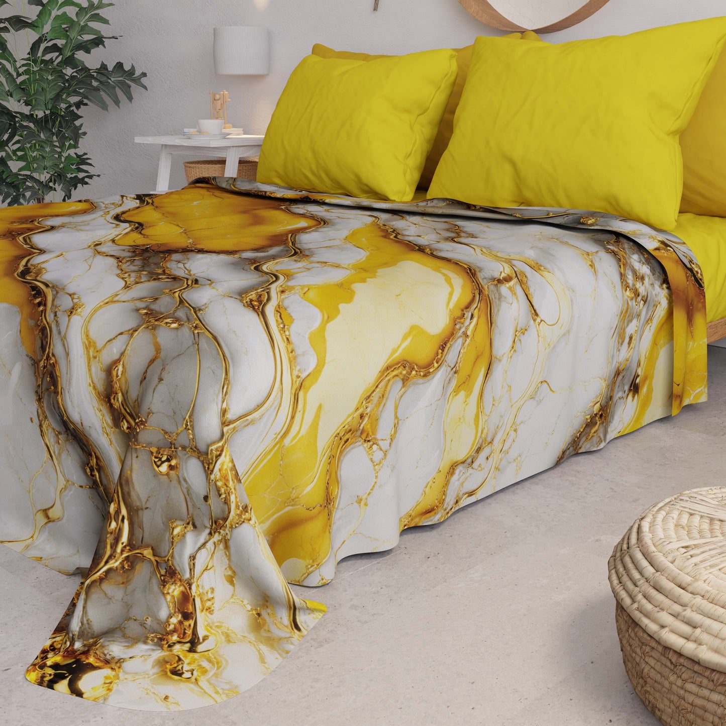 Couvre-lit d'été, Couverture légère, Draps de couvre-lit effet marbre jaune - YELLOOOW