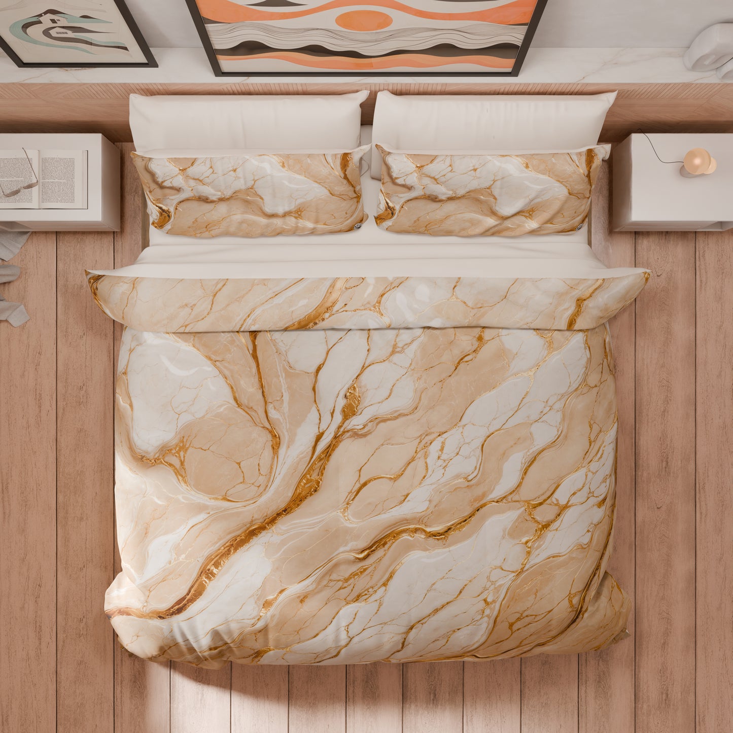 Housse de Couette Double, Simple, 1 Place et Demie, Effet Marbre Beige
