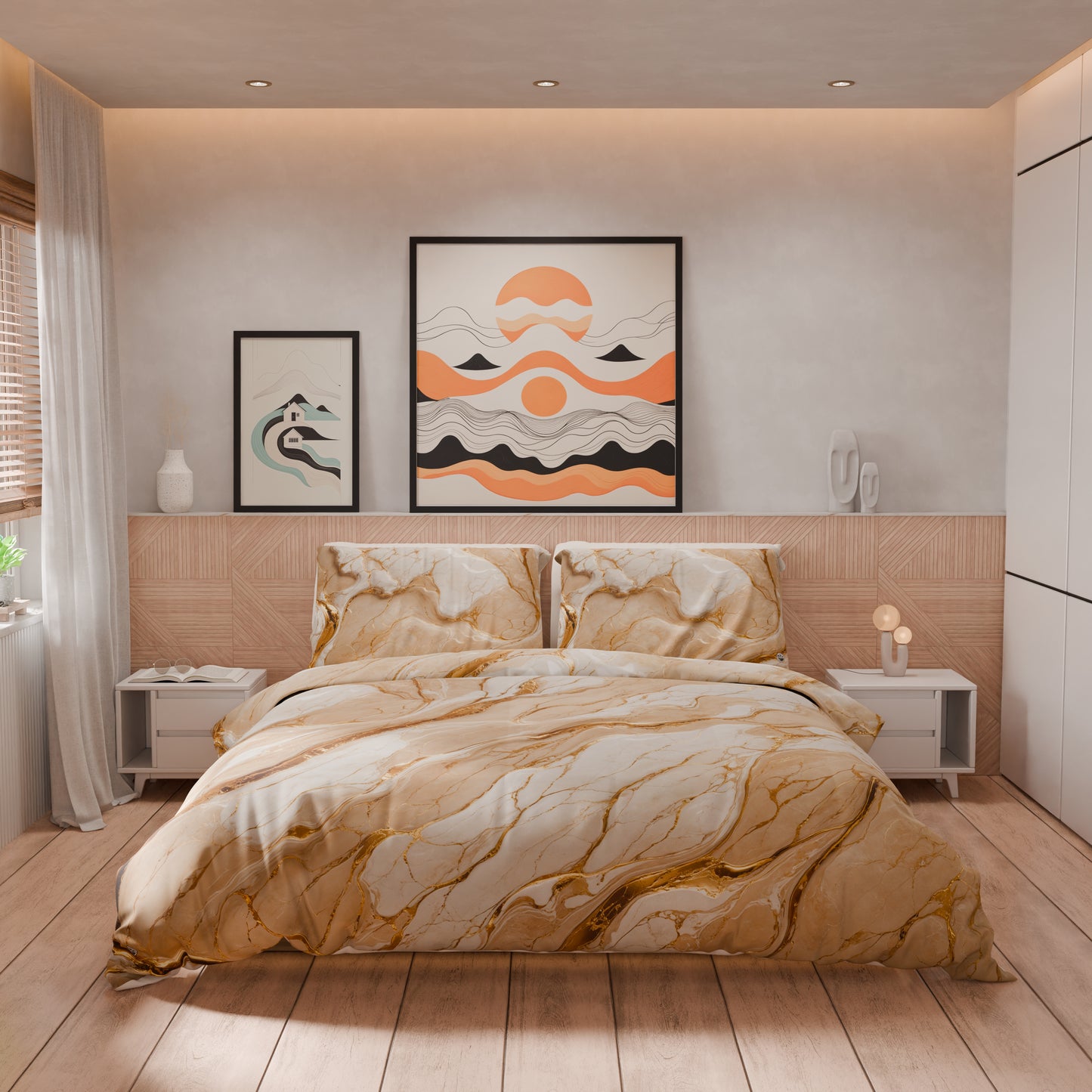 Housse de Couette Double, Simple, 1 Place et Demie, Effet Marbre Beige