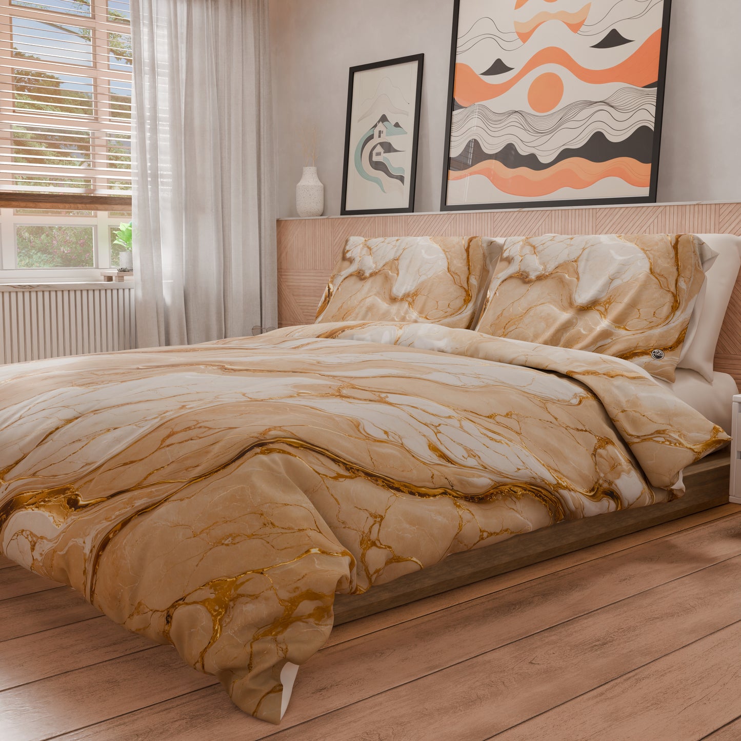 Housse de Couette Double, Simple, 1 Place et Demie, Effet Marbre Beige