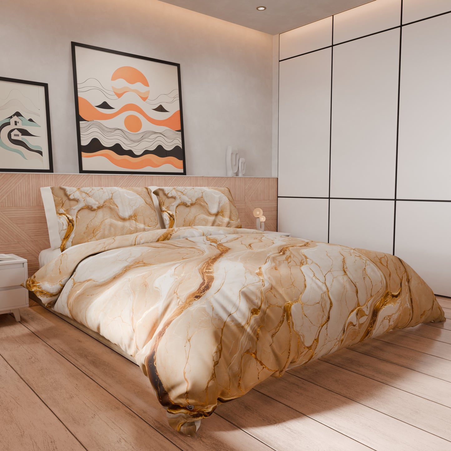Housse de Couette Double, Simple, 1 Place et Demie, Effet Marbre Beige