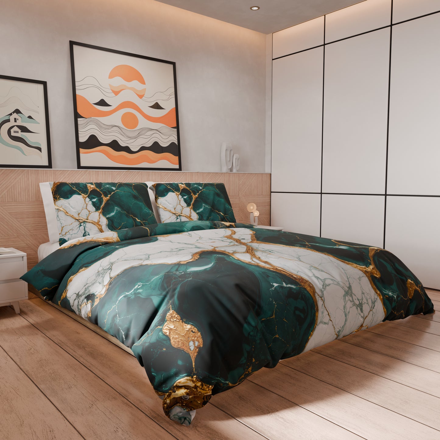Copripiumino effetto marmo Ottanio in ambiente camera da letto