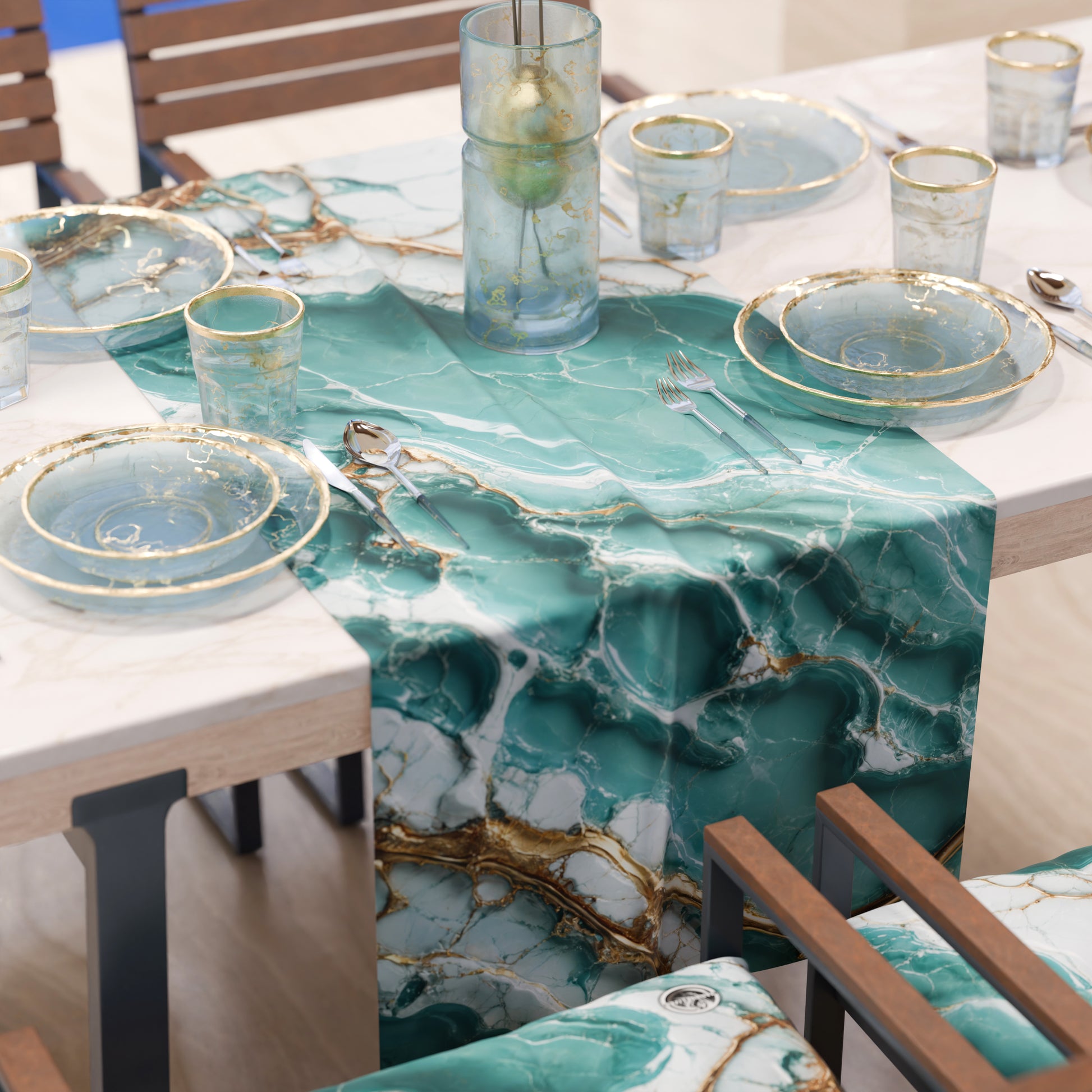 Runner effetto marmo Aquatique sul tavolo, ambiente cucina moderna