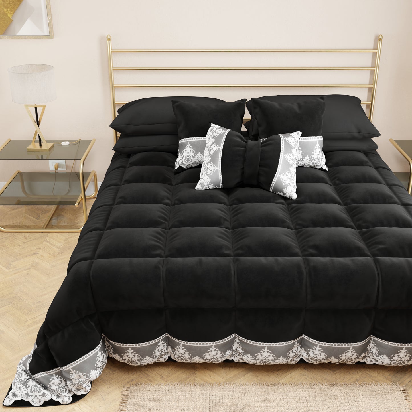 Couette d'hiver en velours doux et chaud avec volant et dentelle rebrodée noire par Sissy