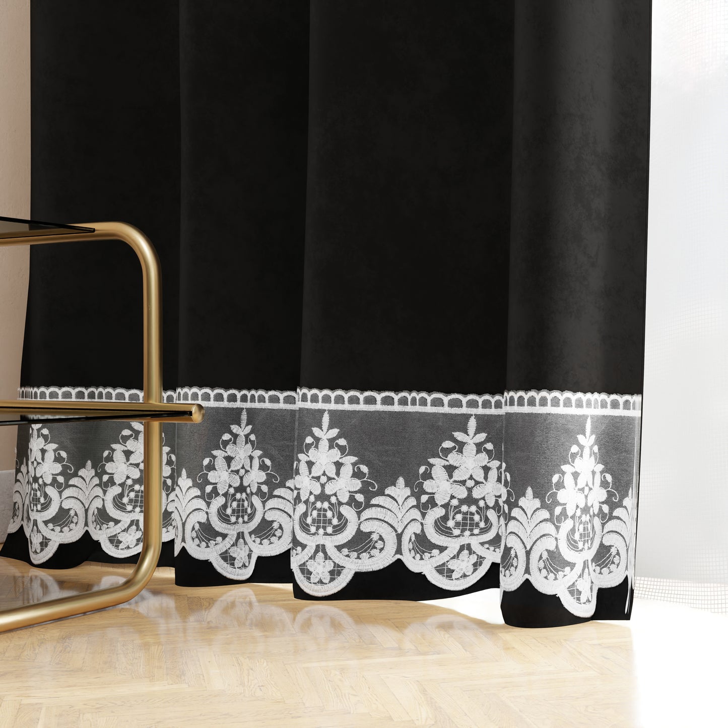 Tenda a Pannello in Velluto per Interni con Anelli e Pizzo Rebrodè, 140x280 cm, Nero by Sissy