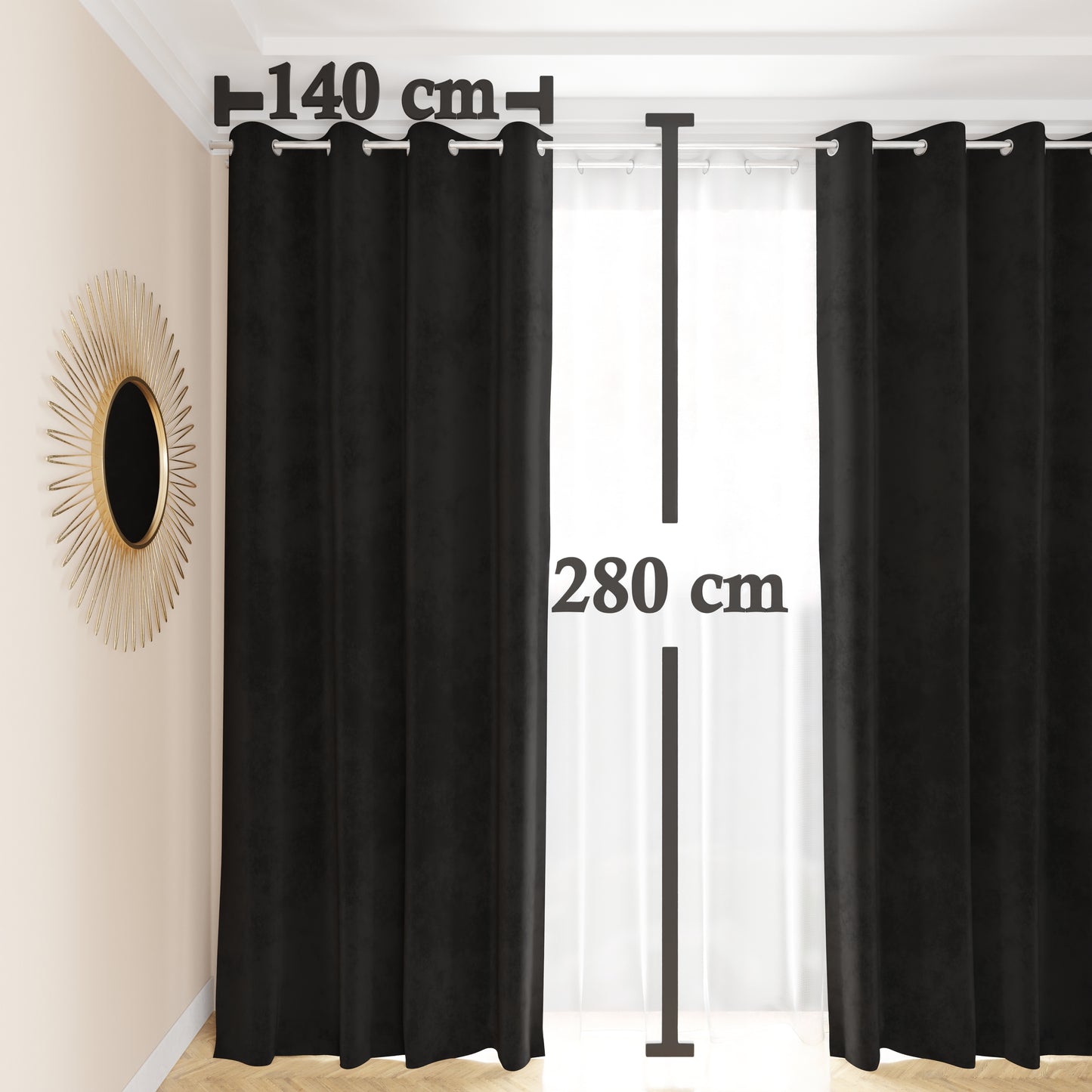 Tenda a Pannello in Velluto per Interni con Anelli, 140x280 cm, Nero