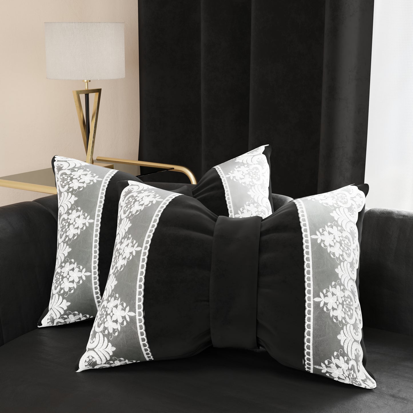 Coussin décoratif nœud en velours avec volant et dentelle rebrodée 40x50 cm, coussin de canapé noir par Sissy