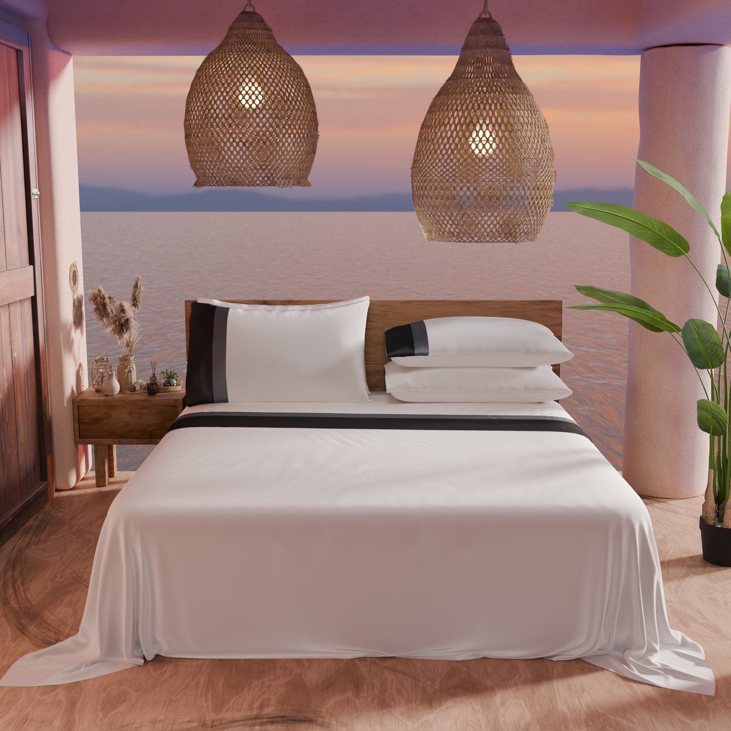 Draps doubles en pur coton percale avec double volant en satin - Noir