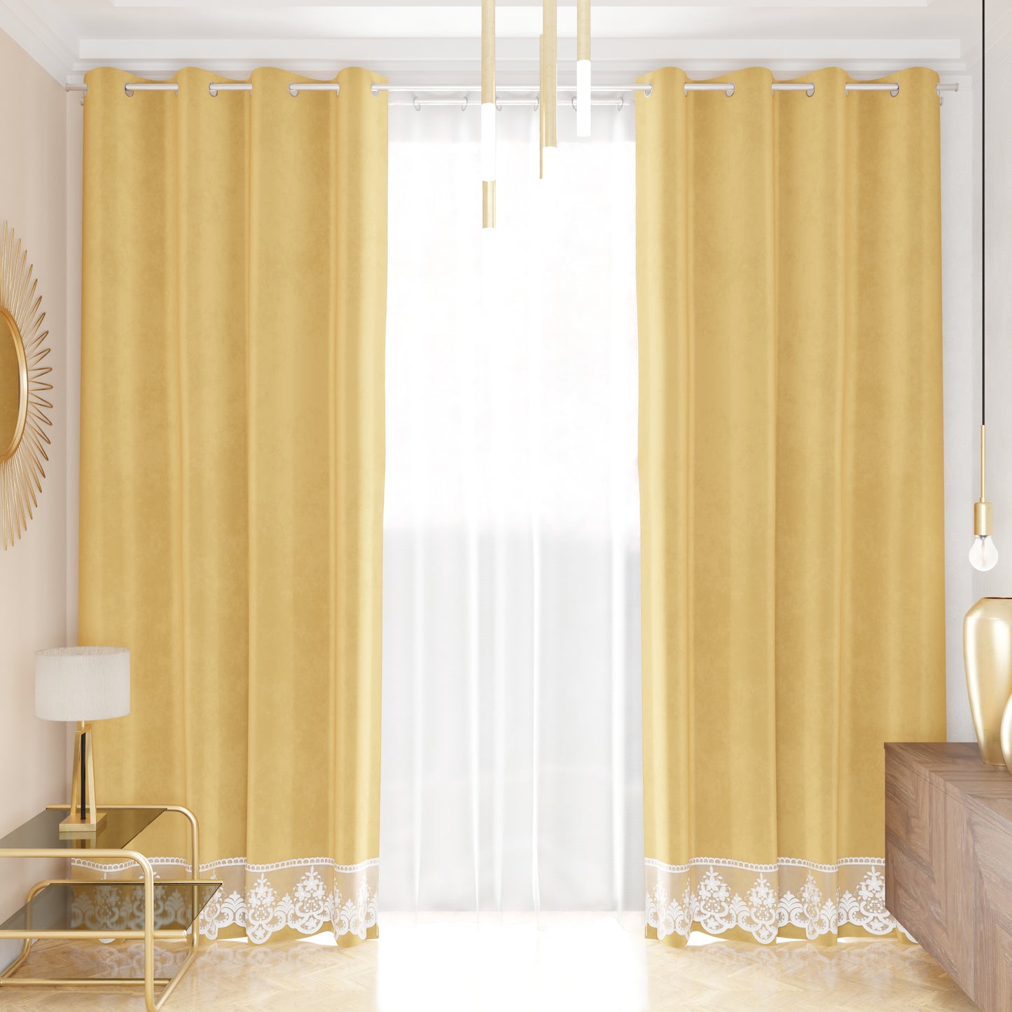 Tenda a Pannello in Velluto per Interni con Anelli e Pizzo Rebrodè, 140x280 cm, Oro by Sissy