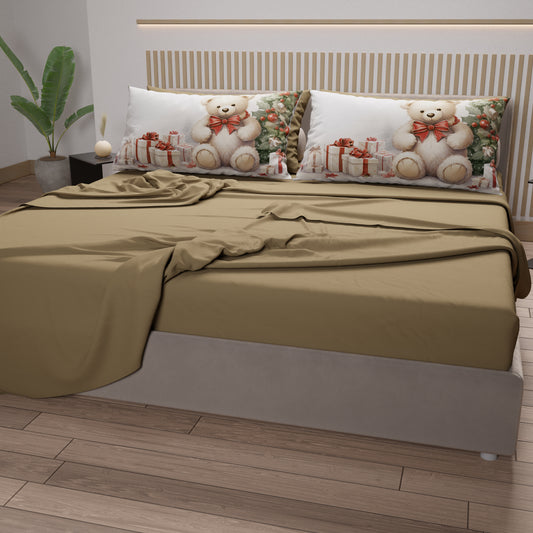 Lenzuola Natalizie in Cotone, Completo Letto con Federe in Stampa Digitale Orsetto 01
