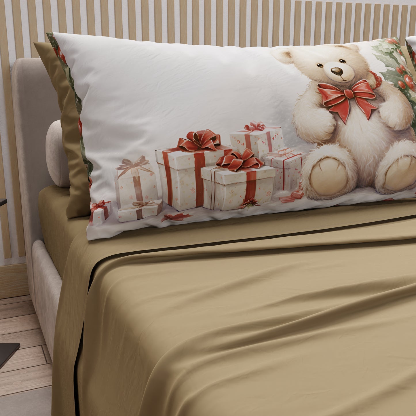 Draps de Noël en Coton, Parure de Lit avec Taies d'Oreiller en Impression Numérique Ourson 01