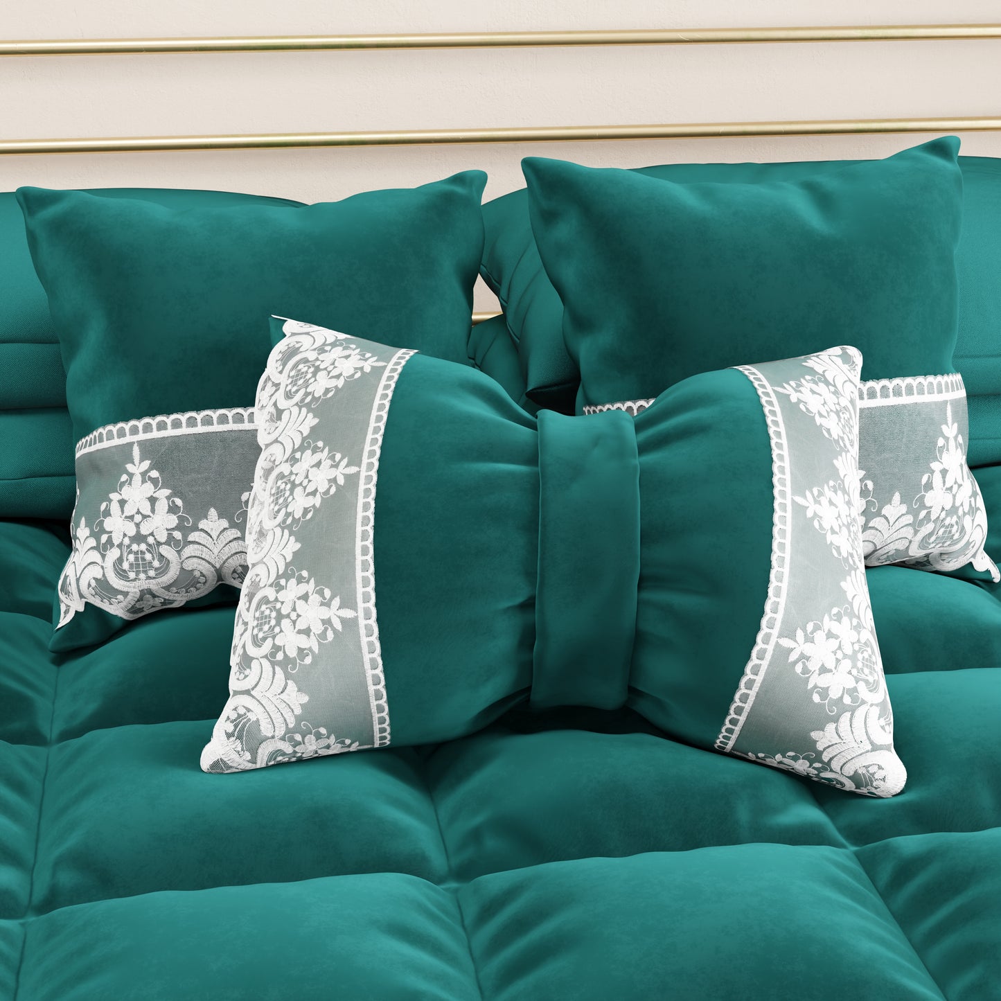 Coussin décoratif nœud en velours avec volant et dentelle rebrodée 40x50 cm, coussin de canapé étain par Sissy