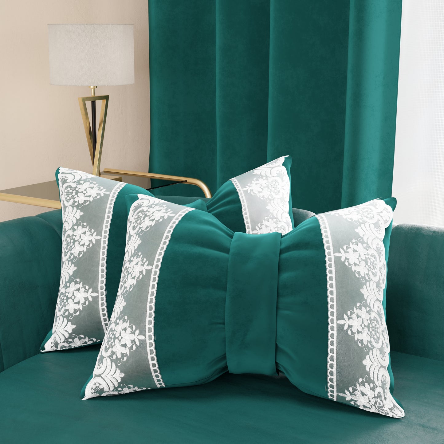 Coussin décoratif nœud en velours avec volant et dentelle rebrodée 40x50 cm, coussin de canapé étain par Sissy