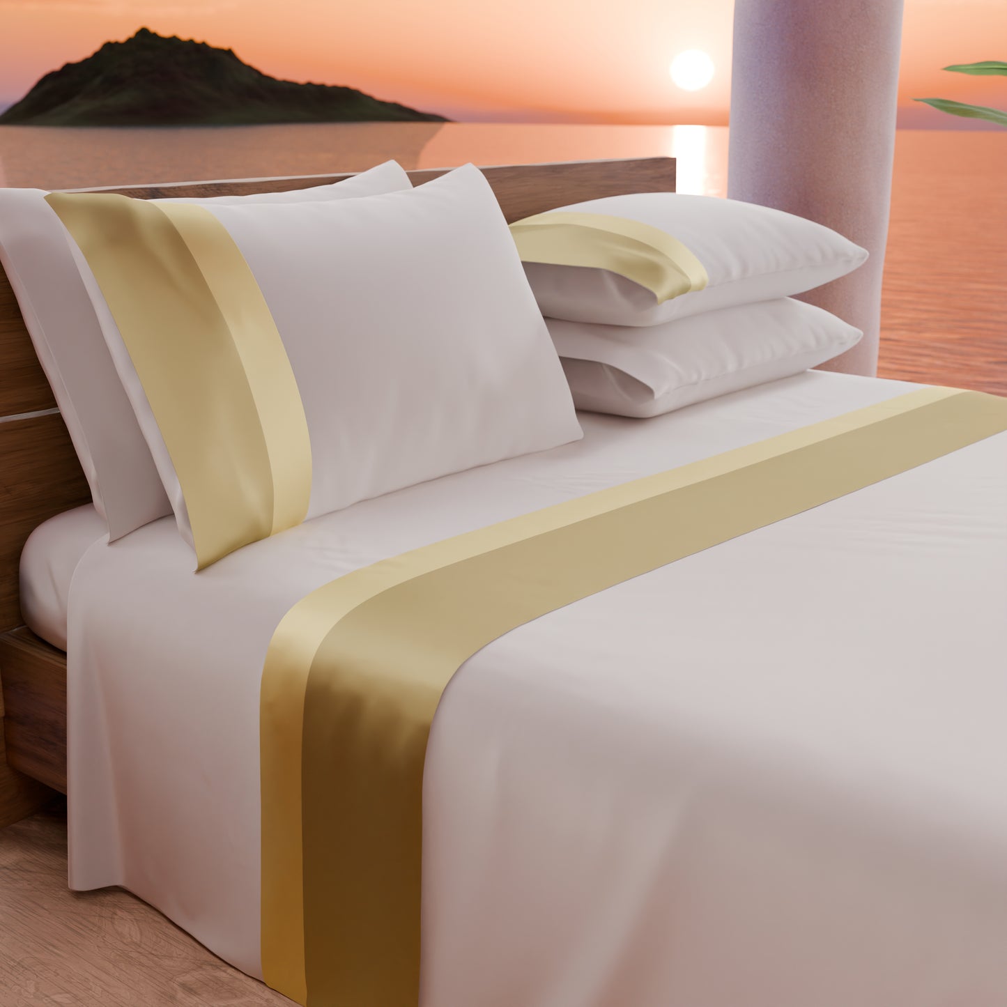 Draps doubles en pur coton percale avec double volant en satin - Or