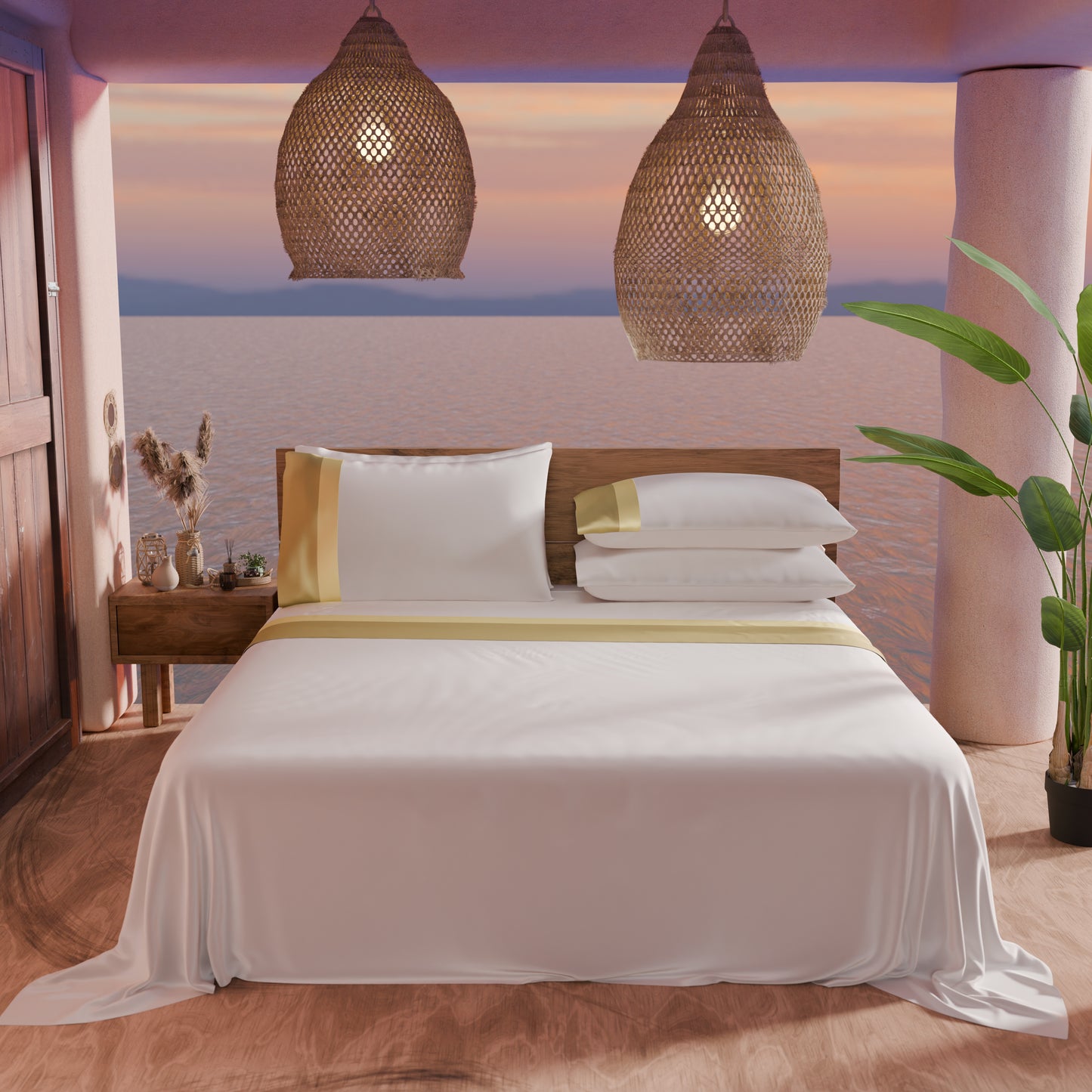 Draps doubles en pur coton percale avec double volant en satin - Or