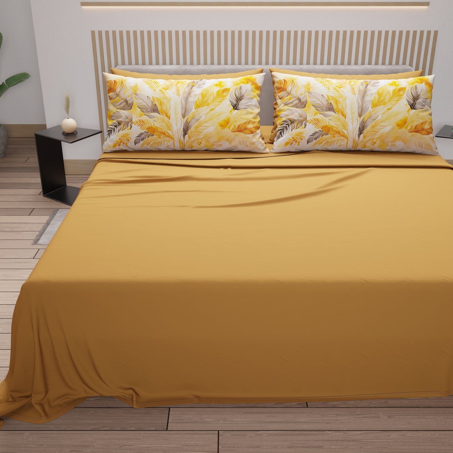 Lenzuola in Cotone, Completo Letto con Federe in Stampa Digitale Palmwater Giallo