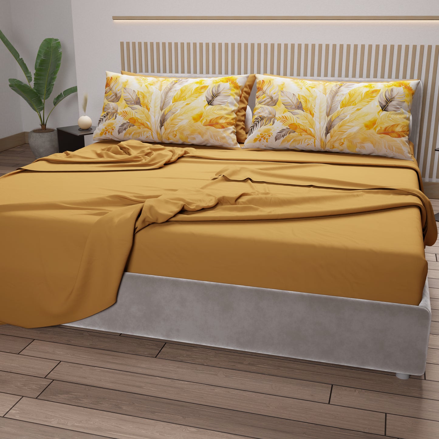 Lenzuola in Cotone, Completo Letto con Federe in Stampa Digitale Palmwater Giallo
