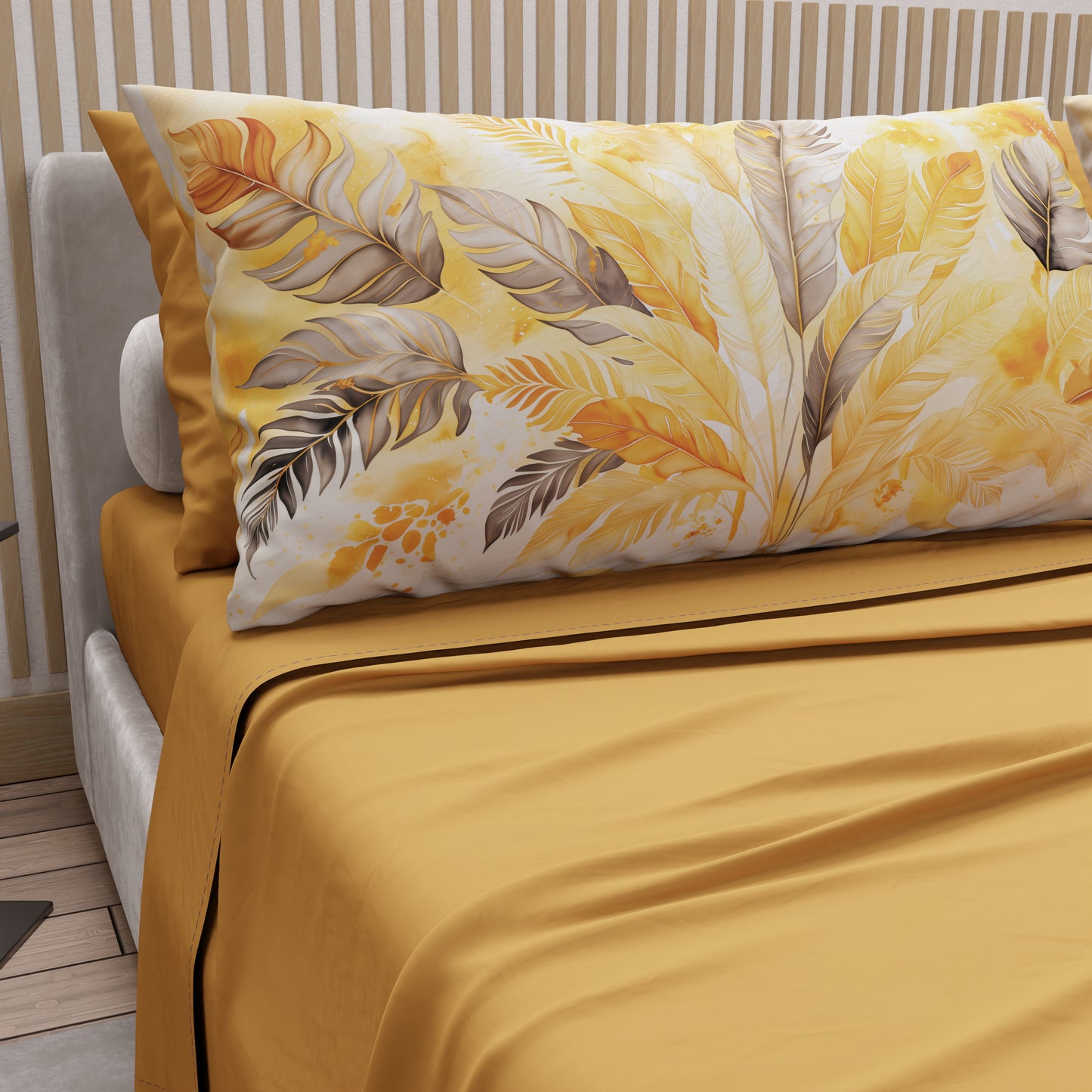 Lenzuola in Cotone, Completo Letto con Federe in Stampa Digitale Palmwater Giallo