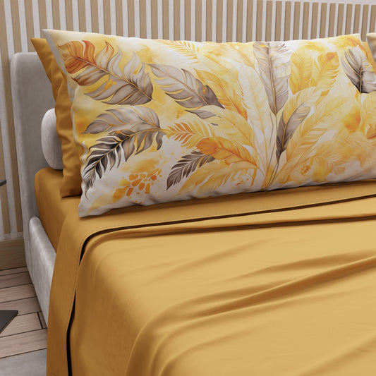 Lenzuola in Cotone, Completo Letto con Federe in Stampa Digitale Palmwater Giallo