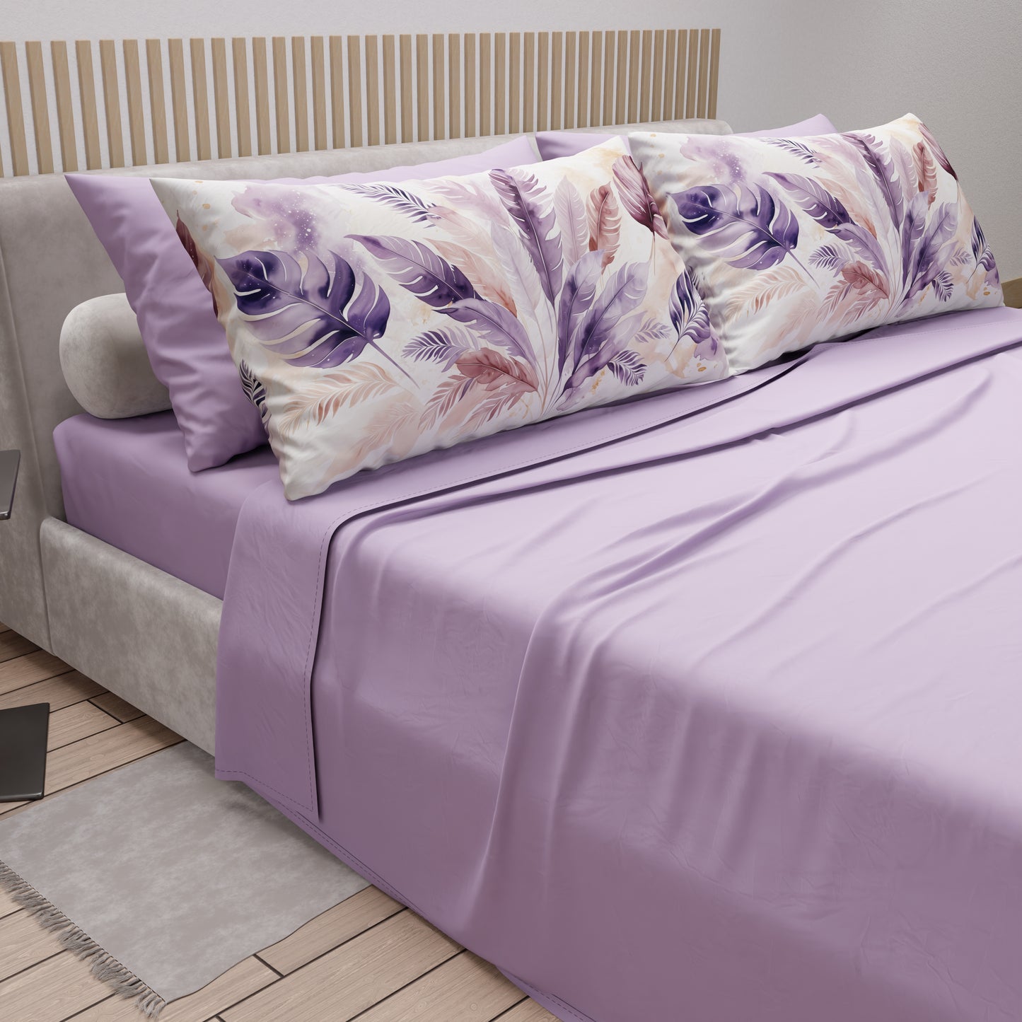 Lenzuola in Cotone, Completo Letto con Federe in Stampa Digitale Palmwater Lilla